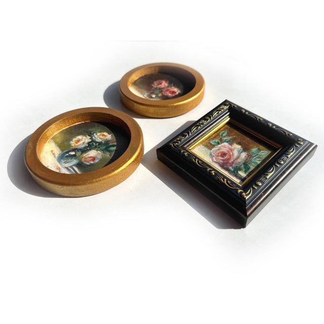 Wood Set of 3 Miniature Rose Oil Paintings Vintage Frames Tiny Floral Wall Art Roses For Sale - Image 7 of 14