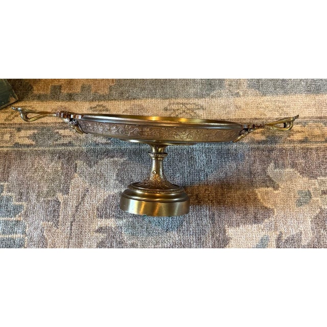 Antique French Empire Brass Tazza — Classical Apotheosis Relief Medallion — Torch Handles — Greek Key Rim — Footed Pedestal — 22.5 Inches For Sale - Image 4 of 8