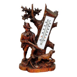 Carved Wood Thermometer Stand Hunter and Staghound, 1910s For Sale