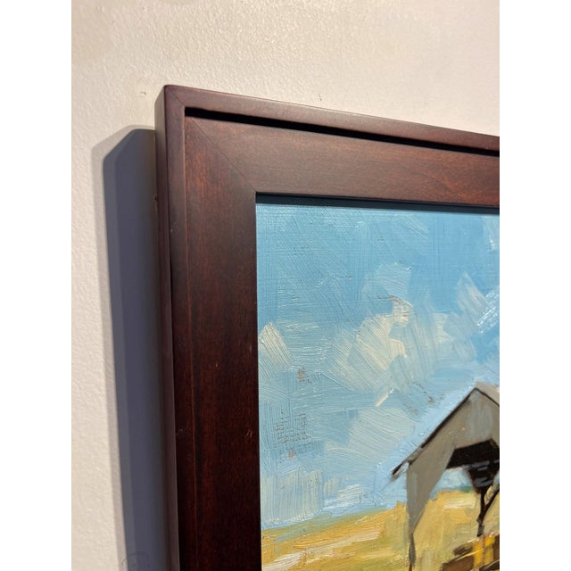 Contemporary Stacked by Samantha Buller | Oil Painting of a hay shed with stacked bales in a field. For Sale - Image 3 of 5