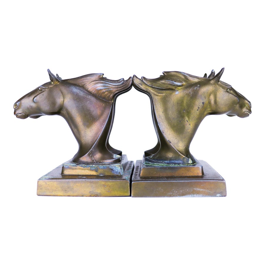 1920s Art Deco Frankart Double Horse Head Bronze Bookends- a