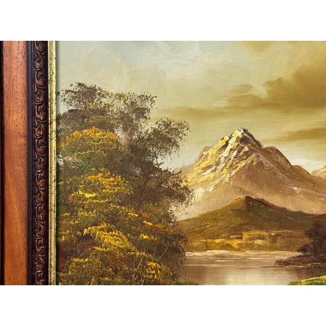 Late 20th Century Golden mountain peaks rise above a quiet river where light and solitude meet 1975 Circa For Sale - Image 5 of 17