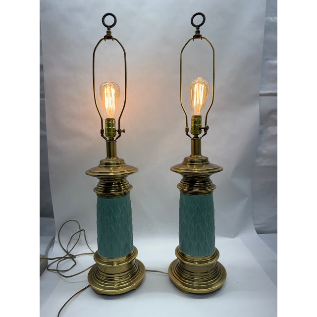 Mid 20th Century Hollywood Regency Turquoise Ceramic & Brass Column Lamps - A Pair For Sale - Image 4 of 12