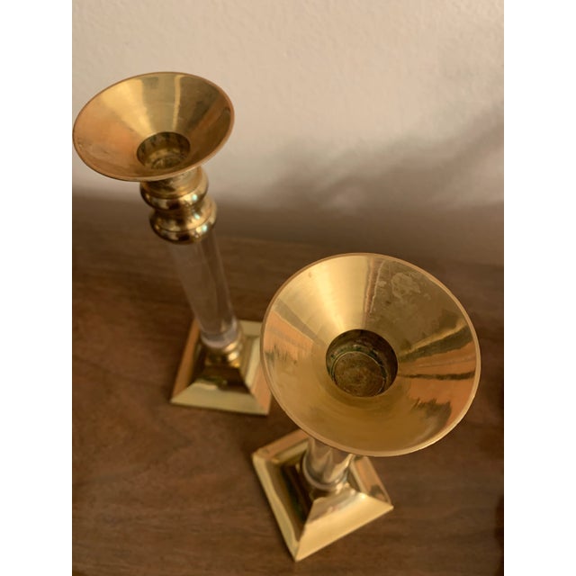 Mid 20th Century Mid-Century Modern Lucite & Brass Candle Holders or Candlesticks- Set of 2 For Sale - Image 5 of 9