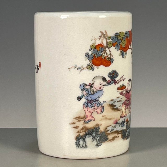 Late 20th Century Famille Rose Crackle Glaze Porcelain Brush Pot With Figural Motif For Sale - Image 5 of 9