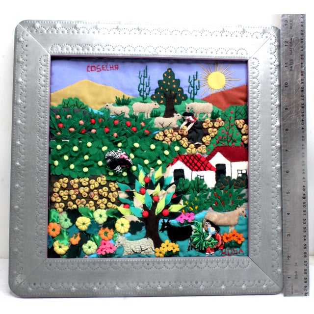 Traditional Vintage Framed Peruvian Arpillera Textile Folk Art – "Cosecha" Harvest Season For Sale - Image 3 of 8