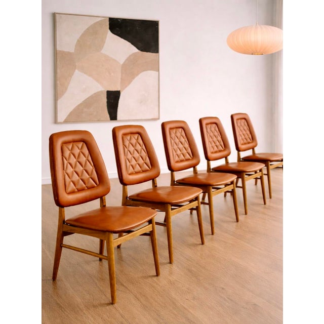 Mid-Century Modern Set of 5 - Mid Century Modern Scandinavian Dining Chairs | Diamond Stitched Upholstery, C. 1960's For Sale - Image 3 of 15