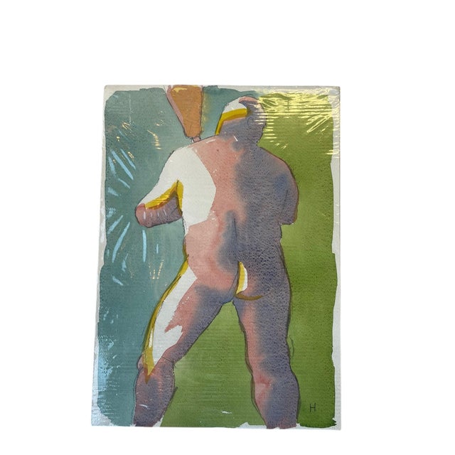 A striking watercolor on paper featuring an abstracted mate figure in a rear-facing pose, painted in rich washes of...