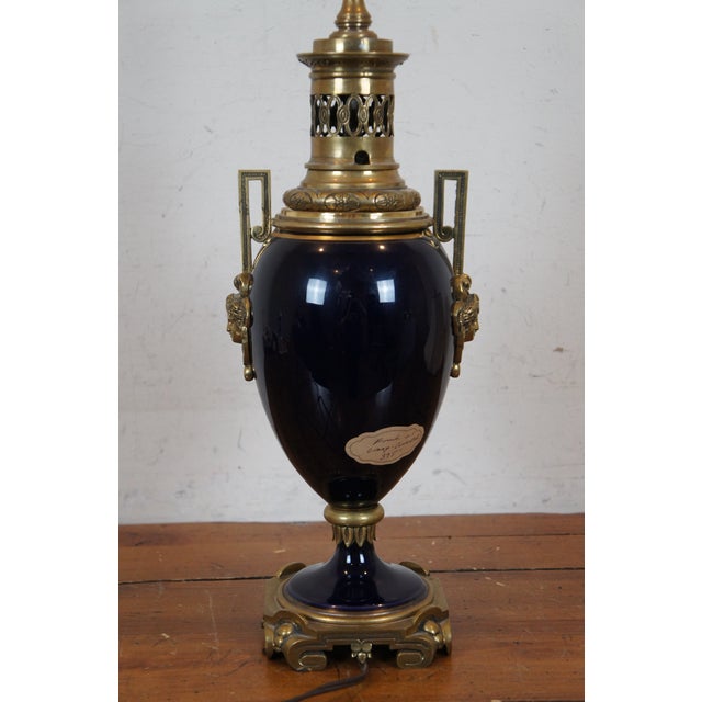 Early 20th Century Antique French Empire Converted Cobalt Blue Glass Brass Urn Oil Lamp For Sale - Image 5 of 12