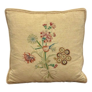 Hand-Embroidered Botanical Floral Linen Throw Pillow For Sale