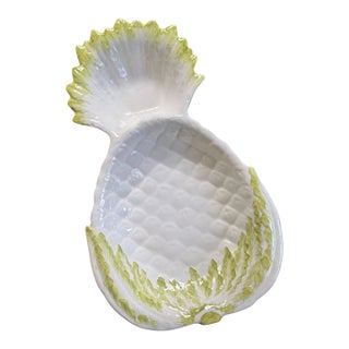Vintage Italian Ceramic Pineapple Dish — White Glaze With Green Leaf Detail, Made in Italy For Sale