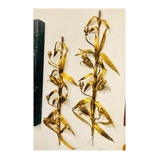 1960s Vintage Italian Gold Gilded Corn Husk Large Wall Sconces - a Pair For Sale