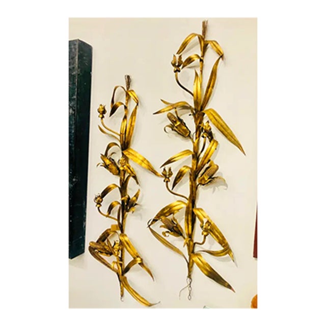 1960s Vintage Italian Gold Gilded Corn Husk Large Wall Sconces - a Pair For Sale