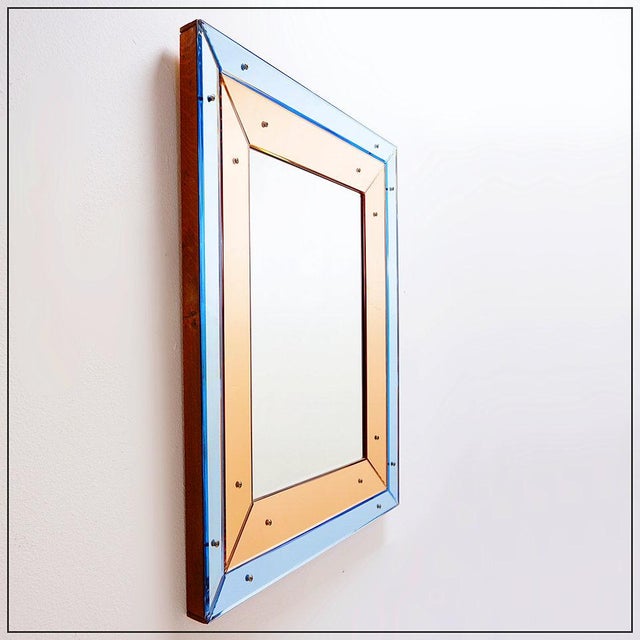 Blue Beveled Wall Mirror with Blue and Copper Mirror Panels, 1930s For Sale - Image 8 of 16