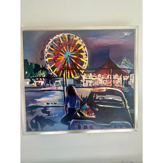 Textile 1990s Roger Mason – “Girl Looking at Ferris Wheel” (1990) | Oil on Canvas, 33″ × 30″, Framed For Sale - Image 7 of 18