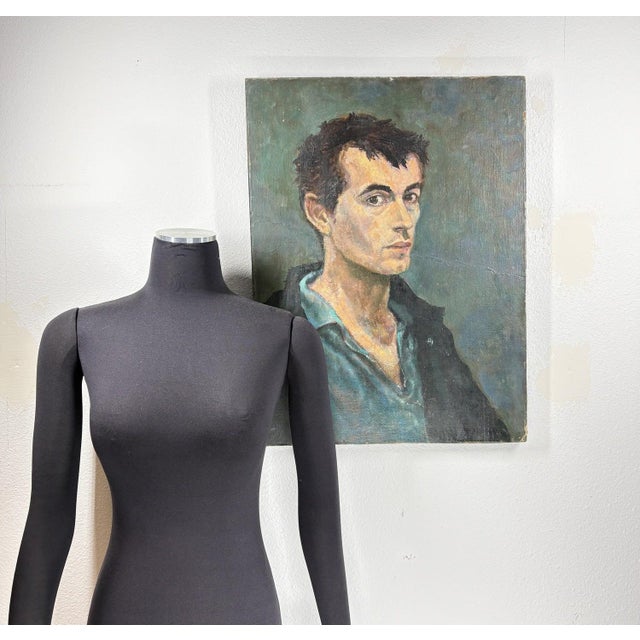 1962 Philip Behymer Mid-Century Modern Portrait - Oil on Canvas Board Offered is an evocative 1962 mid-century modern male...