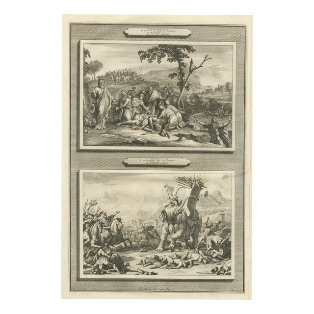 Pieter Mortier, Death of Antiochus and Eleazar Slays the War Elephant, 1700, Engraving For Sale