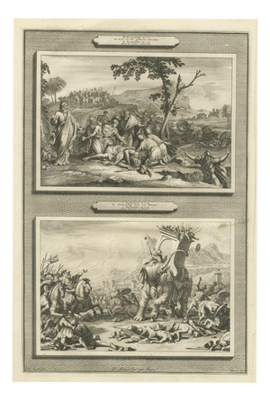 Pieter Mortier, Death of Antiochus and Eleazar Slays the War Elephant, 1700, Engraving