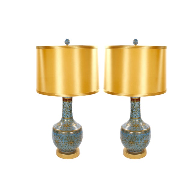 Mid-Century Modern Italian Blue Tapestry-Design Porcelain Table Lamps – Pair For Sale - Image 11 of 11
