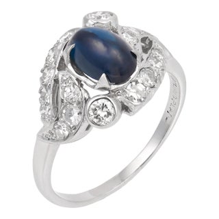 1930s Art Deco Cabochon Cut Sapphire Diamond Platinum Dinner Ring, Size 6.25 For Sale