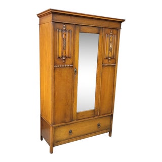 Early 20th Century Antique Wooden Wardrobe With Mirror - 2 Piece For Sale