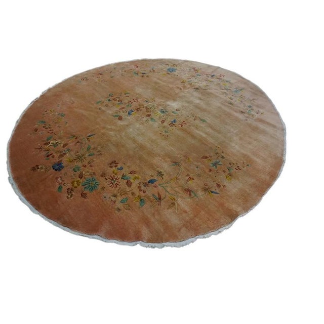 1920s 1920s Antique Apricot Floral Open Field Medallion Chinese Art Deco Round Rug For Sale - Image 5 of 8