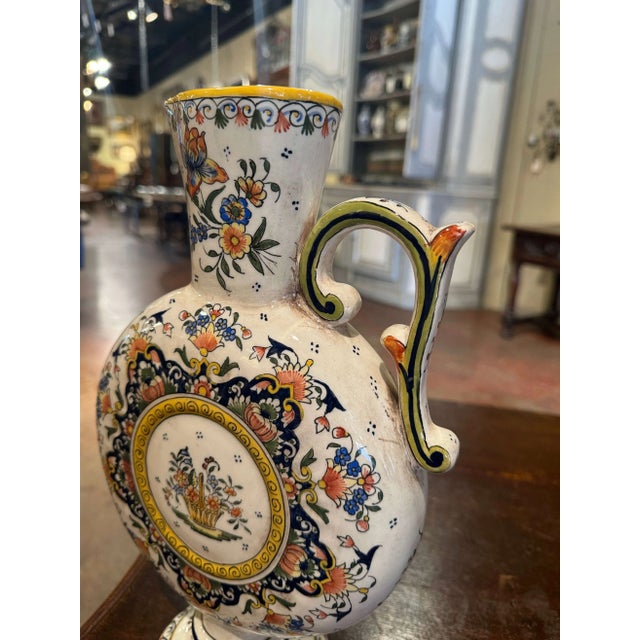 Mid-Century French Hand-Painted Rouen Faience Ewer From Normandy For Sale - Image 4 of 6