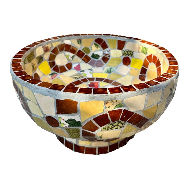 Vintage Mosaic Cement and Tile Pedestal Bowl For Sale