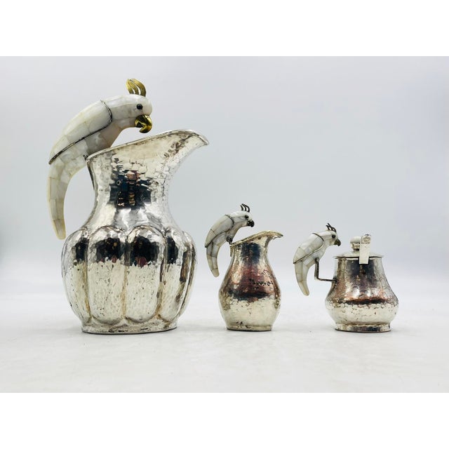 1960s Los Castillo Taxco Parrot Pitcher Tea Set Silver Plate Hardstone - 4pcs For Sale In Los Angeles - Image 6 of 18