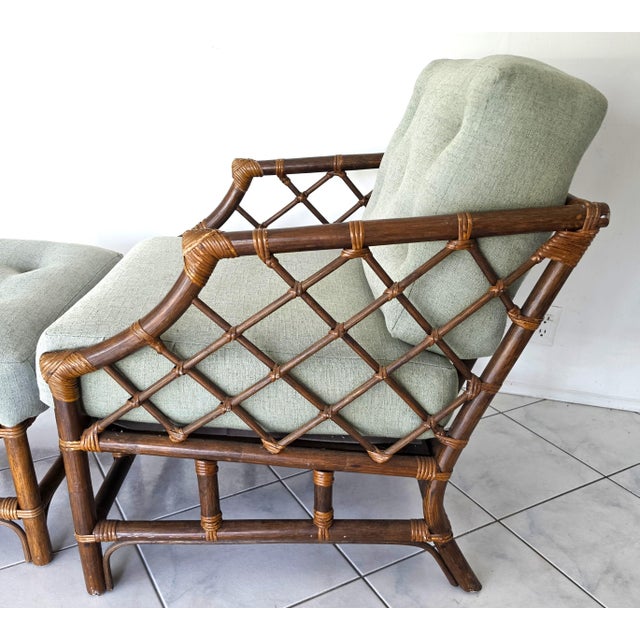 Vintage Chinese Chippendale McGuire Style Bamboo Rattan Lounge Chair & Ottoman For Sale - Image 4 of 8