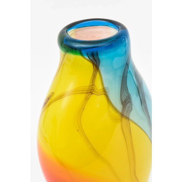 Murano Italian Signed Fratelli Glass Vase 80's Orange Red, Turquoise, Blue, Yellow, Charcoal Black Vase, Vessel 80's For Sale - Image 9 of 12