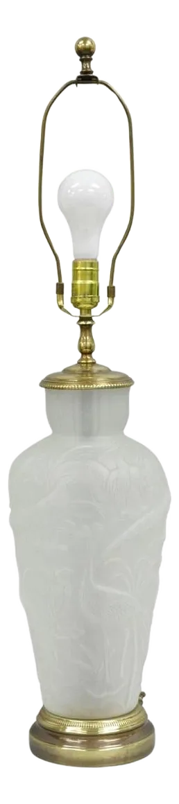 Vintage Chinoiserie Raised Satin Glass Tropical Birds Art Nouveau Table Lamp