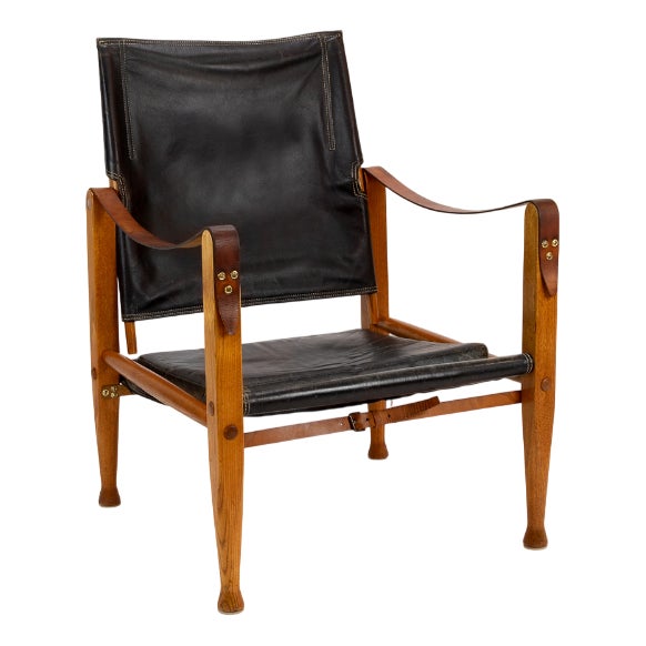 Vintage Safari Lounge Chair in Black Leather by Kaare Klint for Rud Rasmussen, 1960s For Sale