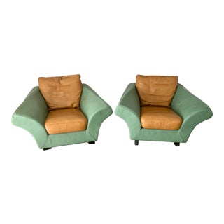 Roche Bobois Leather Account Lounge Chairs - A Pair - Custom Made For Sale