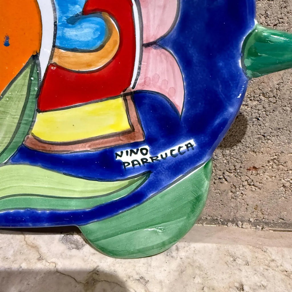 イタリア製NINO PARRUCCA ニーノ パルッカ プレート皿 トリ赤青 1970s Nino Parrucca Italian Pottery Hand Painted Plate Sicily