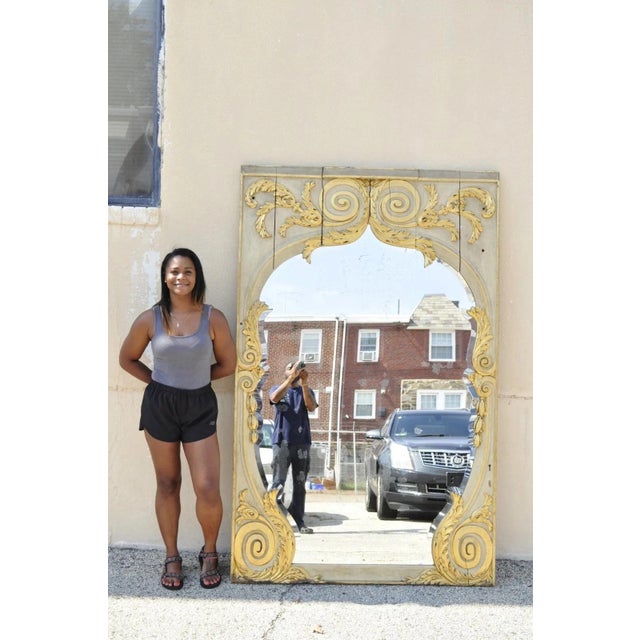 Antique French Rococo Louis XV Style 85" Gold Gilt Cream Painted Trumeau Mirror. Item features large impressive size,...