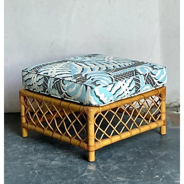 Hollywood Regency Vintage Boho Bielecky Brothers Trellis Rattan Ottoman in Alan Campbell “Ferns” For Sale - Image 3 of 5