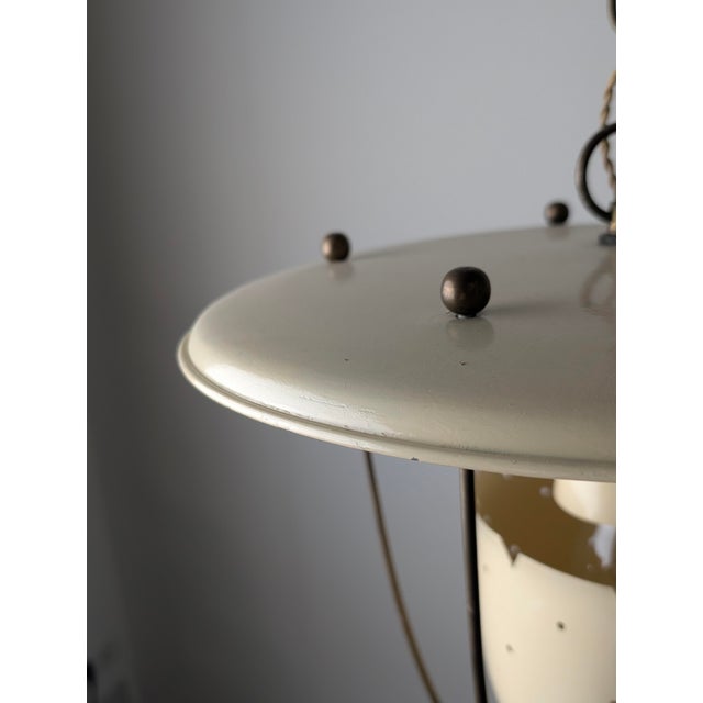 Cream Italian Perforated Metal Pendant Lamp with Brass Details, 1940s For Sale - Image 8 of 13