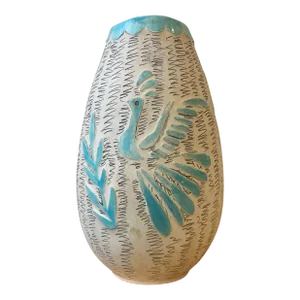 Vintage Carved + Glazed Pottery Vase Signed Frances Dukes, Circa 1966
