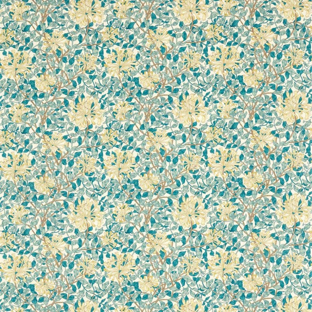 Morris & Co Honeysuckle Fabric in Teal/Soft Lemon For Sale