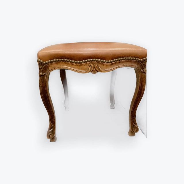 18th Century 18th C Hand Carved Oak French Chair. Upholstered in Carmel Leather W Nailhead Trim. 8 Available. For Sale - Image 5 of 6