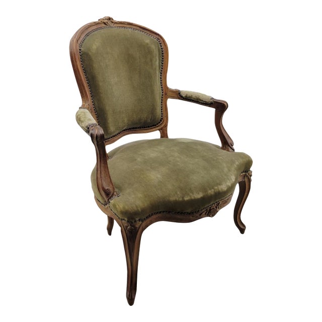 18th C French Carved Walnut Louis XV Open Armchair For Sale