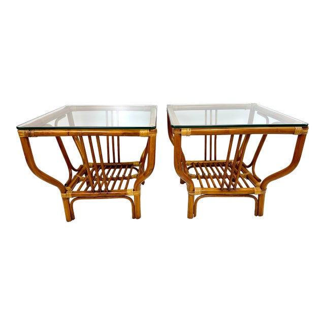 Mid-Century Rattan and Glass Side Tables in the Style of Ficks Reed, a Pair For Sale