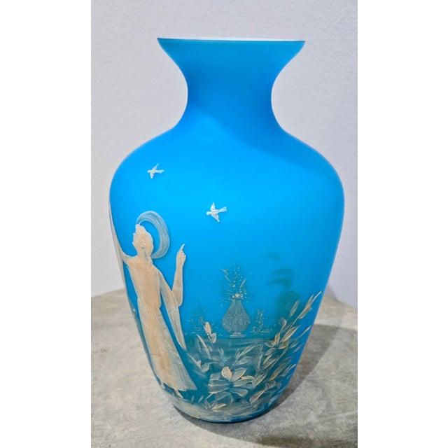 Antique Bohemian Cased Sky Blue Enamel Painted Glass Vase, Classical Figure Scene For Sale - Image 4 of 8