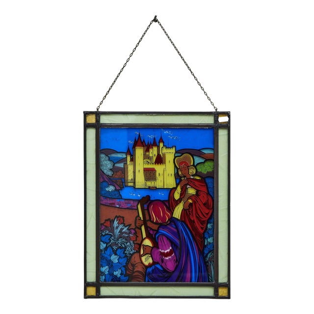 Hanging Stained Glass Window with Knightly Motif and Castle in Colored Glass For Sale
