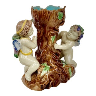 English Majolica Putti Spill Vase, Faux Bois, Late 19th Century For Sale