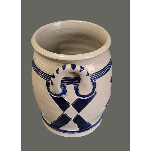 Rustic Williamsburg Pottery Salt Glazed Blue Floral Two Handle Jar Marked For Sale - Image 3 of 7