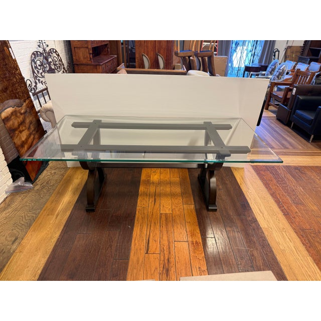 Transparent Contemporary Sculptural Trestle Wood + Glass Dining Table For Sale - Image 8 of 12