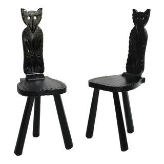 Brutalist Ebonised Wood Owl Chairs, 1960s, Set of 2 For Sale
