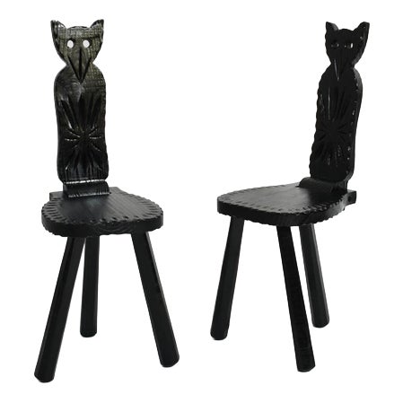 Brutalist Ebonised Wood Owl Chairs, 1960s, Set of 2 For Sale